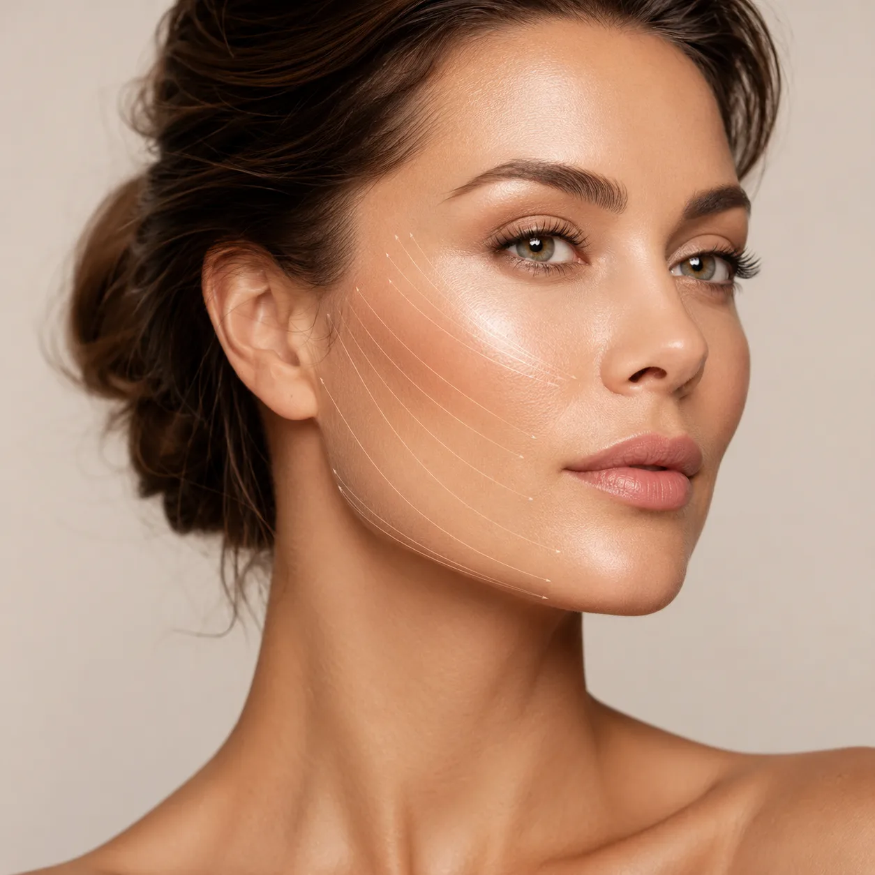 Profile portrait of a woman with fine thread-lift guide lines drawn along her cheek and jawline