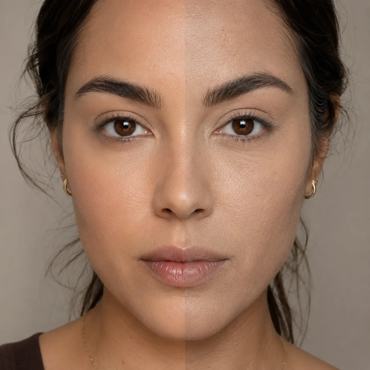 Split-face portrait of a woman: one half bare skin, the other half wearing foundation